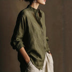 Women's loose-fit cotton linen long sleeve shirt with flip collar by FitiqueFit, shown in natural fabric and relaxed style.