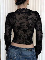 Shopimist lace detail long sleeve top featuring elegant lace accents and a fitted silhouette, perfect for stylish casual wear.