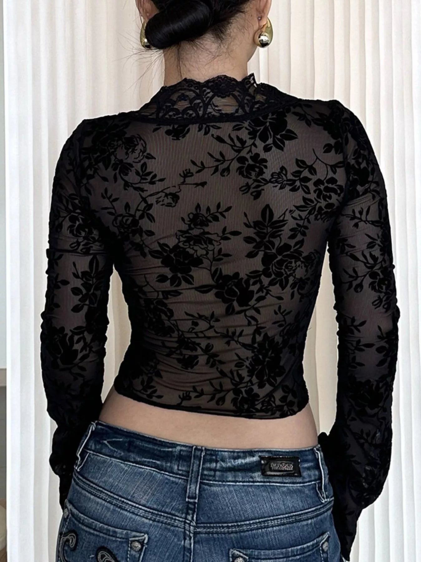 Shopimist lace detail long sleeve top featuring elegant lace accents and a fitted silhouette, perfect for stylish casual wear.