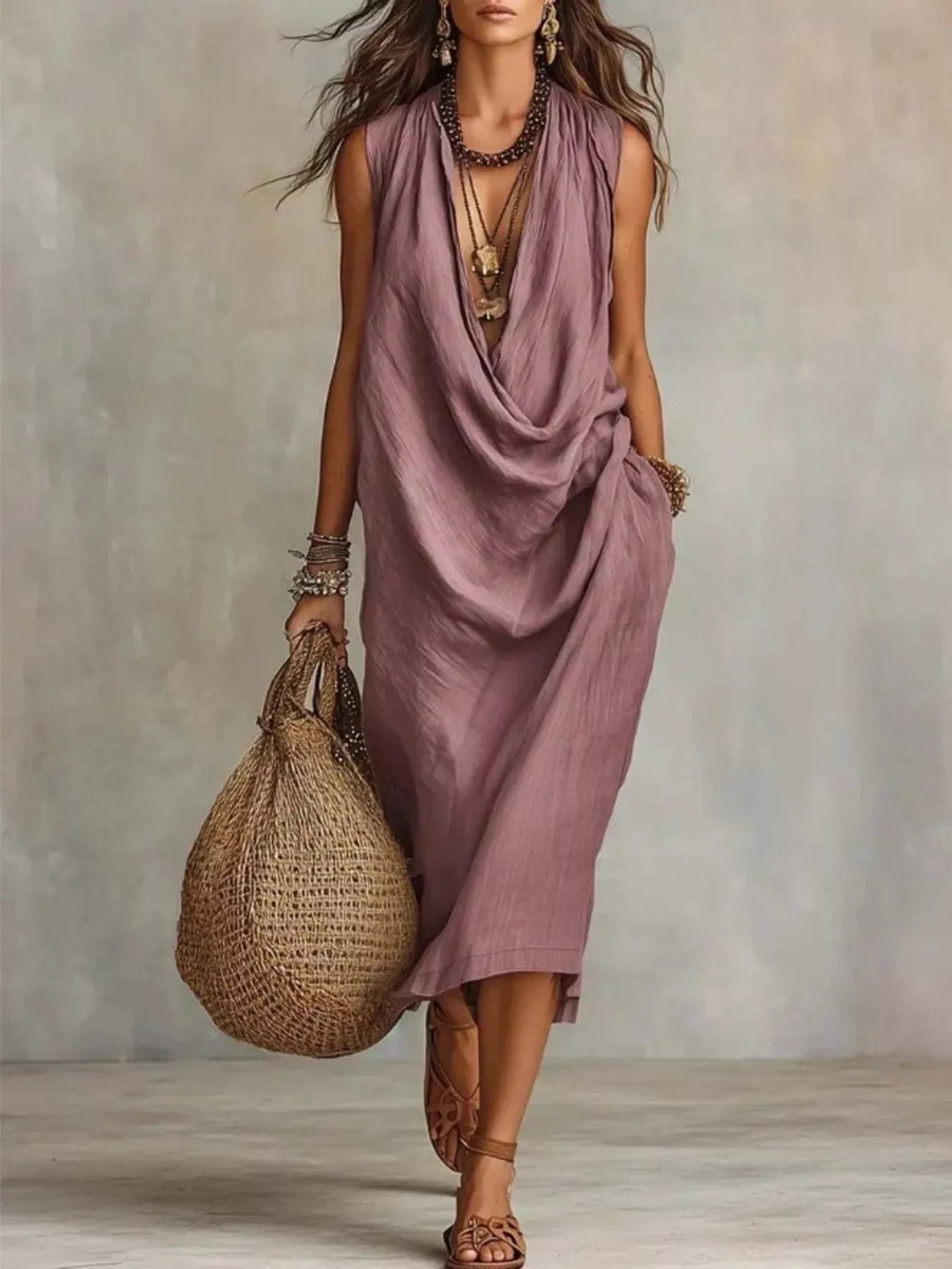 Plus size full size cowl neck sleeveless midi dress by Trendsi, featuring a stylish design and comfortable fit.