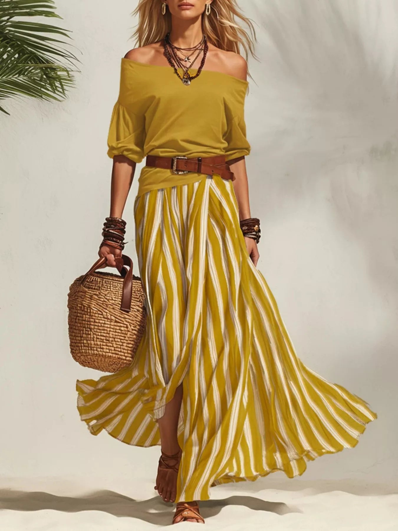 Off shoulder top and striped maxi skirt set by Shopimist, featuring a stylish off-shoulder design and bold horizontal stripes.