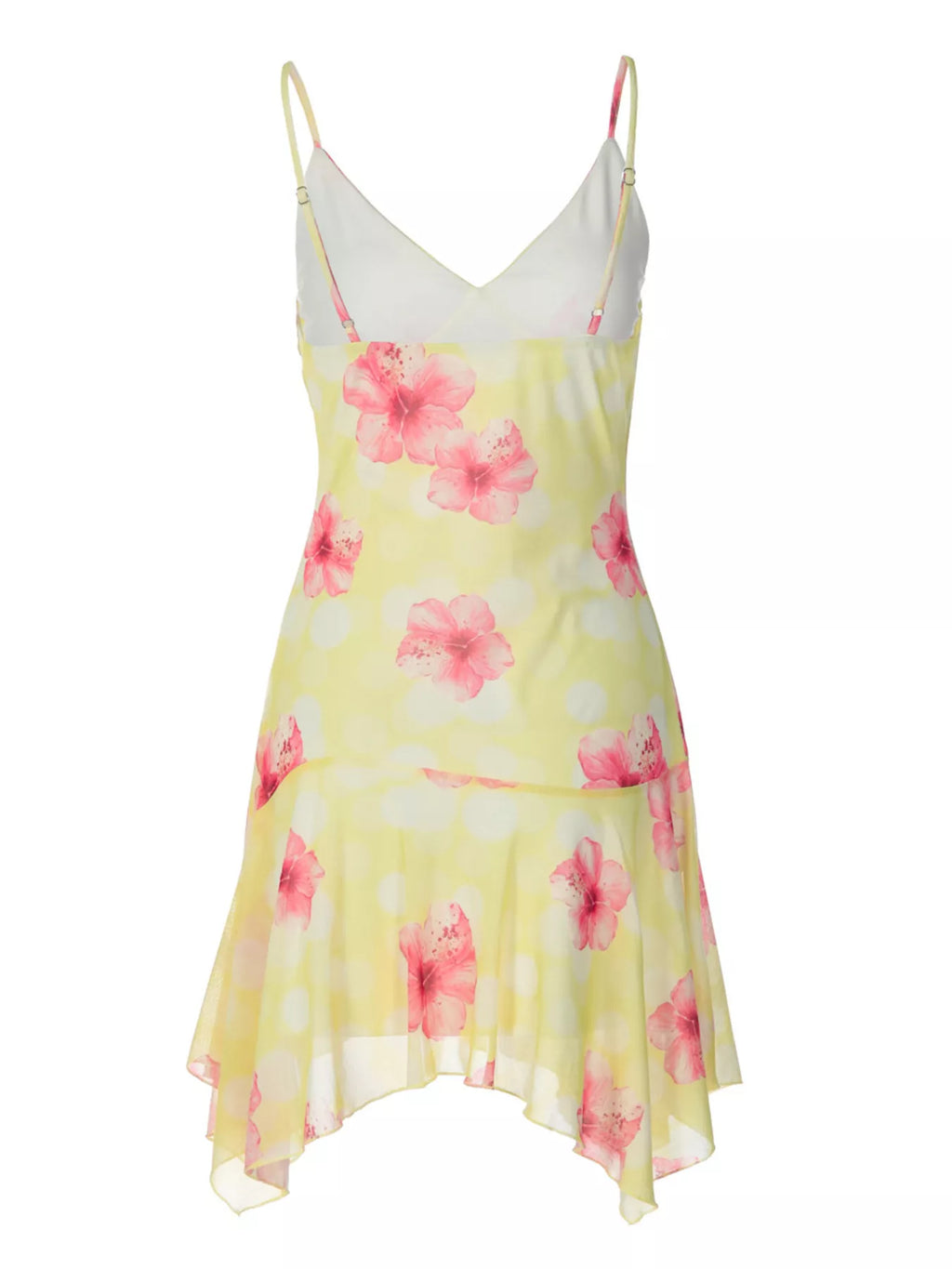 Sheer floral print sleeveless asymmetrical mini dress by Shopimist, featuring a lightweight fabric and stylish design.