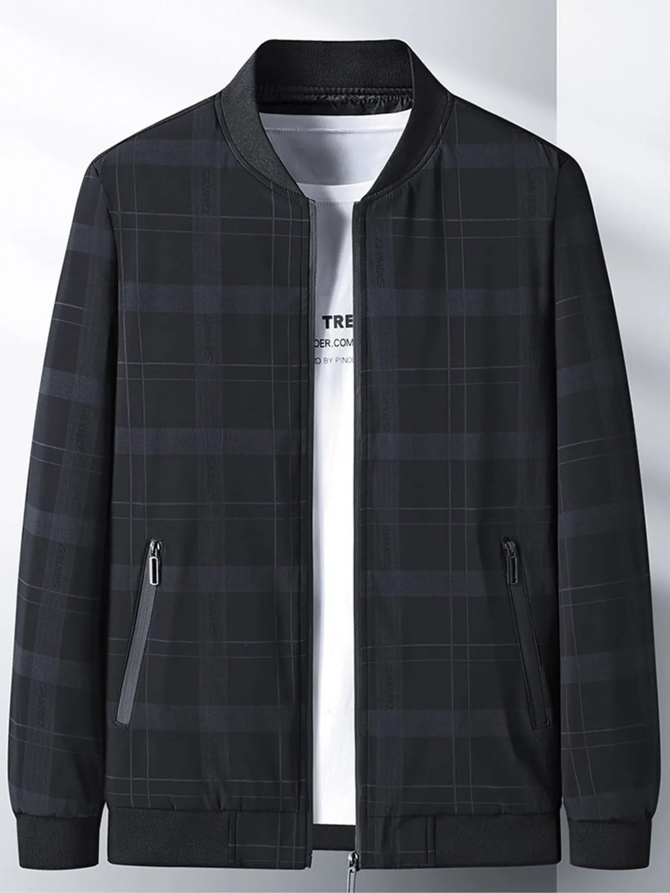 Men's plus size lightweight plaid bomber jacket by Simply Love, shown in a casual style with a front zipper and plaid pattern.