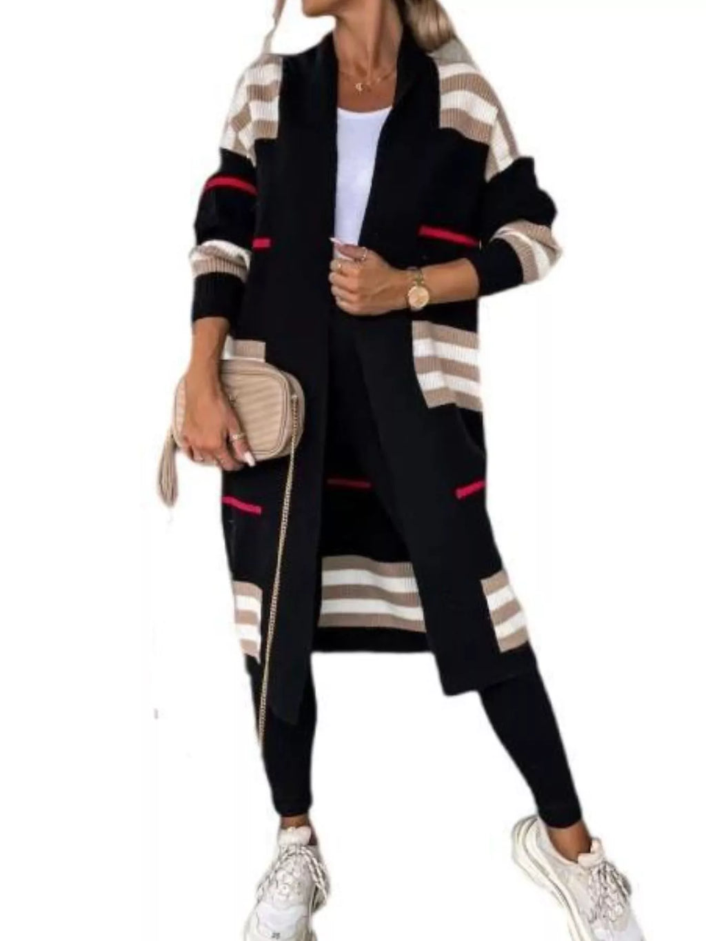 Striped longline open front cardigan by Simply Love, featuring a relaxed fit and soft fabric, styled with casual outfit.