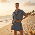 Women's loose denim shirt-dress and pants two-piece set by FitiqueFit, featuring cotton fabric and casual, relaxed fit.