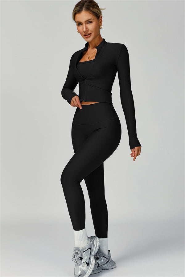 Fitglutes Activewear sports bra, jacket, and leggings set featuring a sleek, coordinated gymwear design for workout comfort.