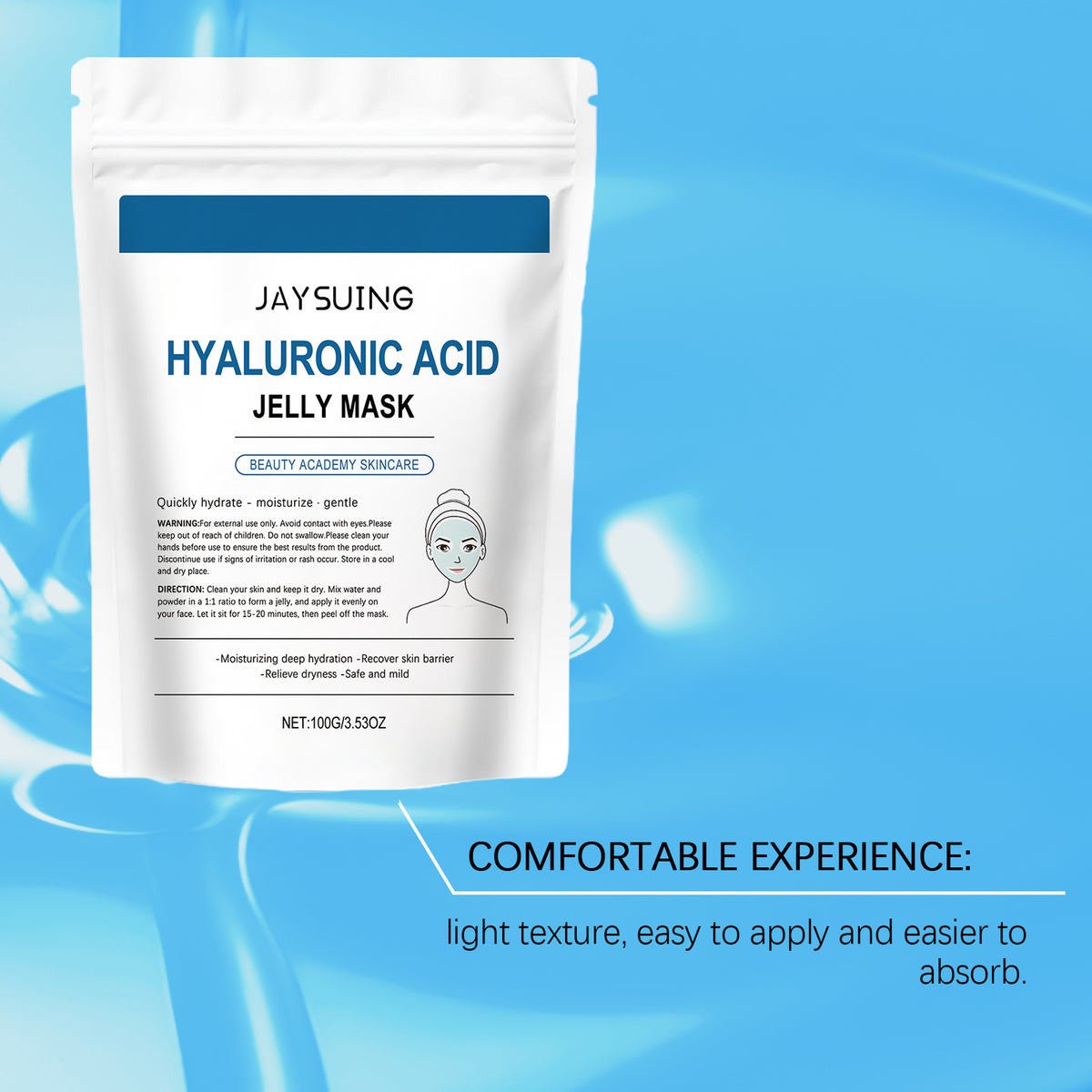 White plastic pouch of Hyaluronic Acid Jelly Mask with blue and black text against a blue background.