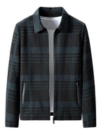 Men's plus size plaid zip-up jacket by Shopimist, showing a stylish blue and black checkered design with a front zipper and collar.