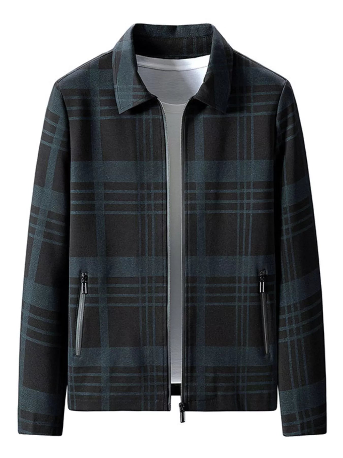 Men's plus size plaid zip-up jacket by Shopimist, showing a stylish blue and black checkered design with a front zipper and collar.