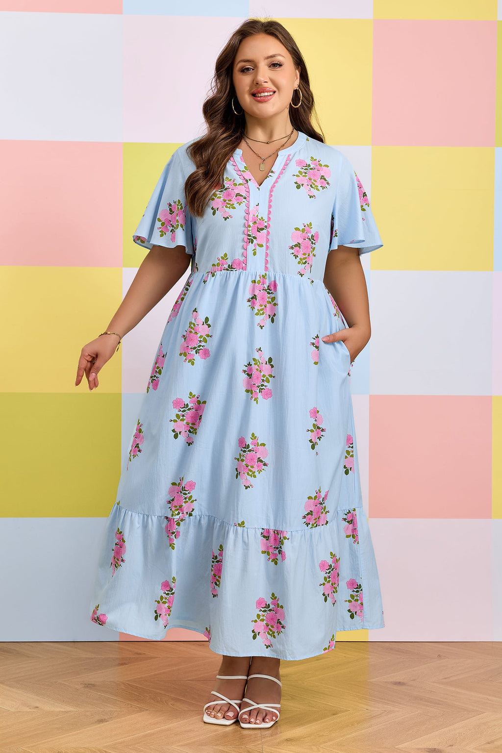 Plus size Lucy Print Scalloped Trim maxi dress by Threaded Pear featuring a flowing silhouette and stylish scalloped details.