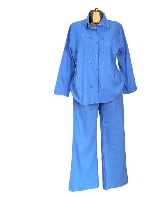 Beaded long sleeve top and high-waist pant set from eprolo, stylish women's fashion with intricate bead details and chic fit.