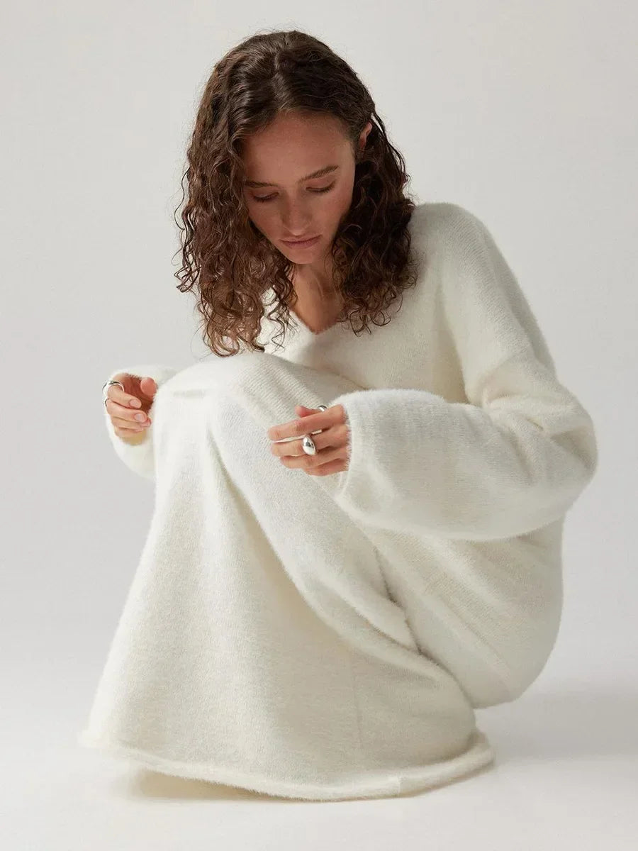 Eprolo women's knitted V-neck sweater and skirt set, cozy autumn casual two-piece outfit with warm, thick fabric and fashionable design.