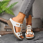 Open toe wedge sandals by Shopimist featuring a stylish design with a cork heel and adjustable ankle strap.
