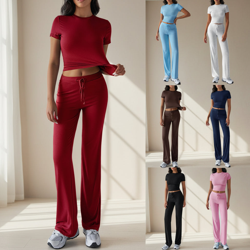 FitiqueFit crew neck short sleeve top and full-length pants set in solid color, shown in multiple color options.