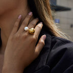 18K gold-plated open ring featuring a pearl and orb design, stylish jewelry by Shopimist with elegant gold accents.