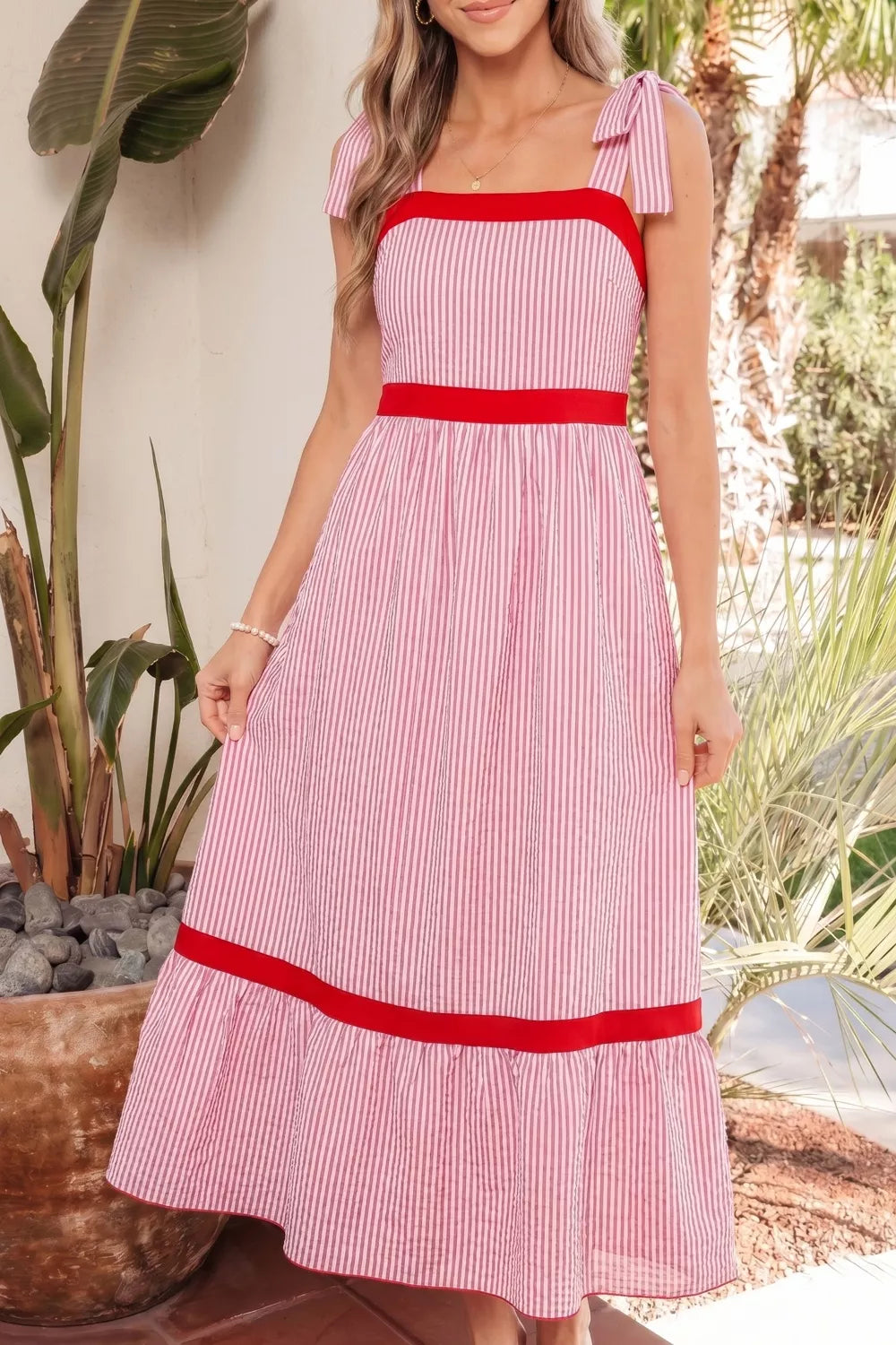 Plush Fashion Hub stripe bow knot straps high waist maxi dress with contrast trim and ruffle hem, perfect for elegant summer wear.