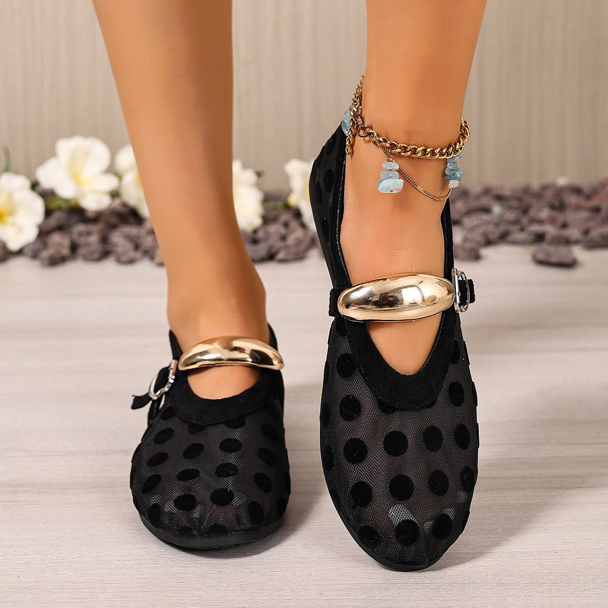 Women's polka dot mesh slip-on flats by Trendsi, lightweight casual walking shoes with breathable mesh and stylish polka dot design.