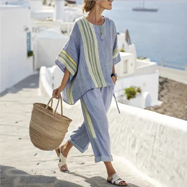 3D print batwing sleeve two-piece set with loose t-shirt and straight-leg pants from Plush Fashion Hub, casual stylish outfit.