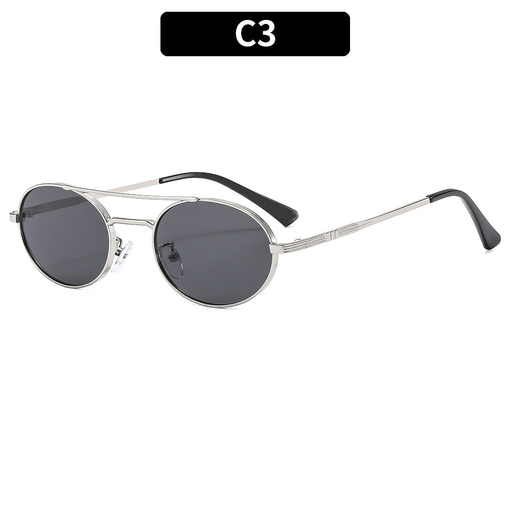 Retro oval dual-beam metal sunglasses with UV protection, stylish eyewear by Plush Fashion Hub, featuring metal frames and tinted lenses.