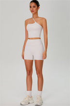 Fitglutes activewear one-shoulder crop top and matching shorts 2-piece gym set, stylish workout clothes for women.