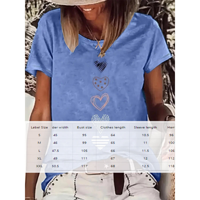 Heart print FitiqueFit casual T-shirt with round neck, perfect for summer, featuring comfortable fabric and stylish design.