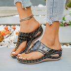 Women's faux leather toe post wedge sandals with mid-heel and comfortable design, featuring stylish straps and casual summer look.