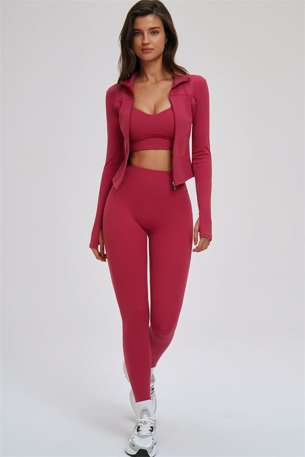 Fitglutes Activewear three-piece set featuring a zip jacket, cross-back sports bra, and leggings for workout and gym activities.