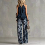 Sleeveless camisole collar top and printed wide leg pants chiffon set