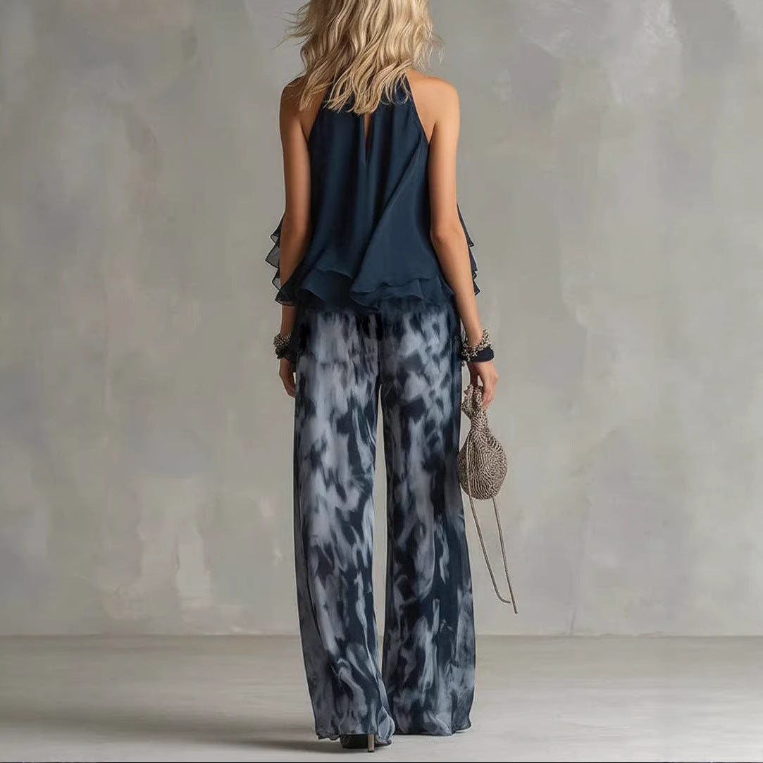 Sleeveless camisole collar top and printed wide leg pants chiffon set