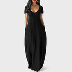 Summer NewWomen's Plus Size Solid Color Dress Sexy Deep V Neck Short Sleeve Long Dress