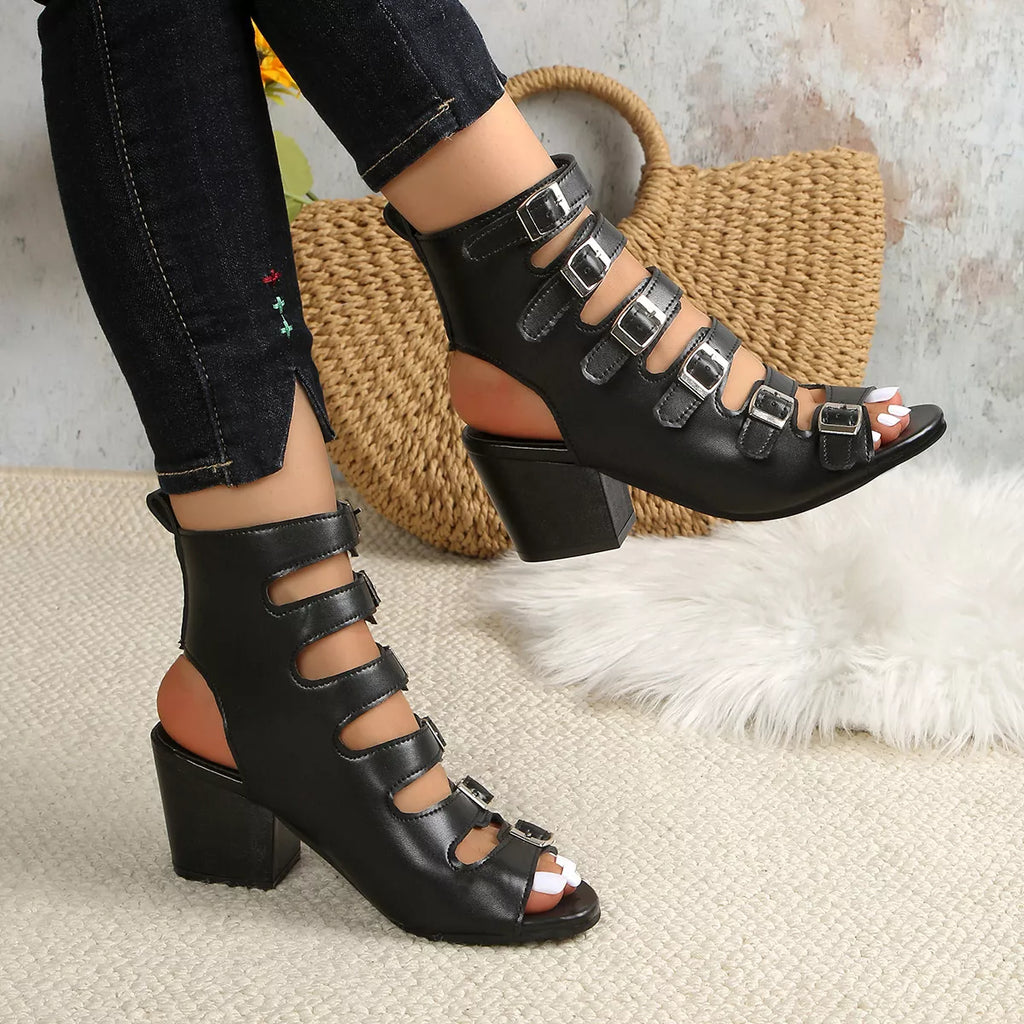 Shopimist buckle block heels sandals showing stylish open-toe design, ankle strap, and chunky heel for a trendy look