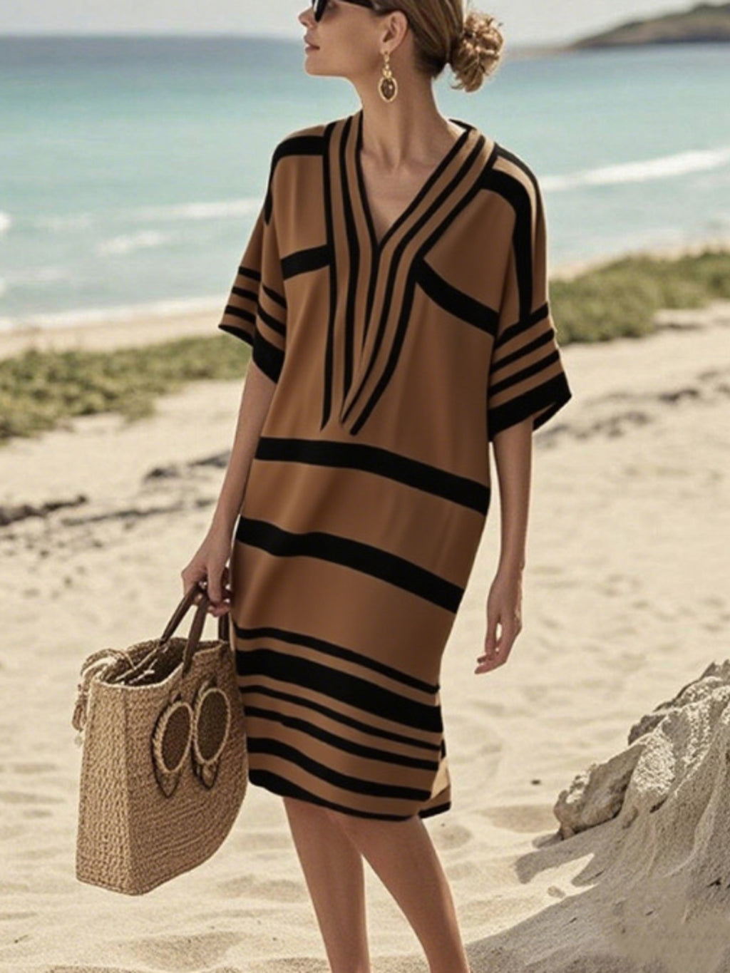 Plus size women's striped half-sleeve midi dress by Plush Fashion Hub, casual chic everyday wear, relaxed fit, and stylish design.