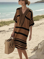 Plus size women's striped half-sleeve midi dress by Plush Fashion Hub, casual chic everyday wear, relaxed fit, and stylish design.