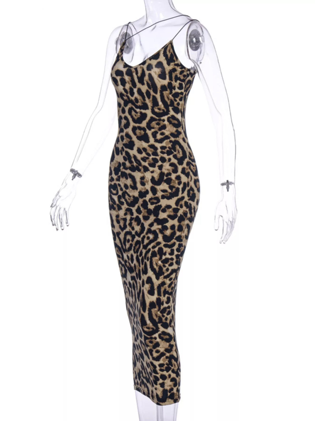 Leopard print spaghetti strap midi dress from Shopimist, featuring a fitted silhouette and stylish design.