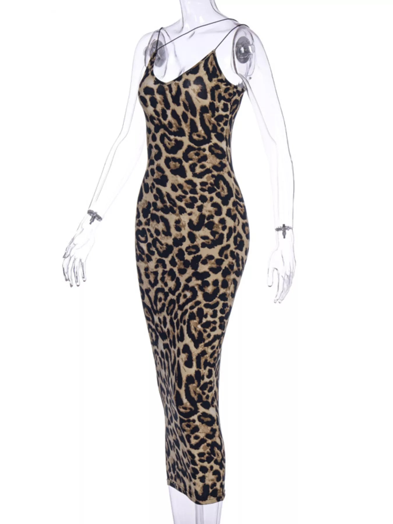 Leopard print spaghetti strap midi dress from Shopimist, featuring a fitted silhouette and stylish design.