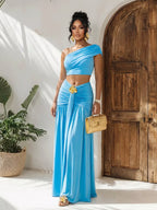 Plush Fashion Hub one-shoulder top with matching ruched maxi skirt set, stylish and elegant ensemble for trendy outfits.