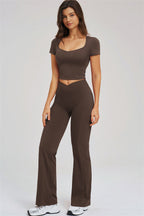 Fitglutes activewear Sizzle T-shirt and flared leggings 2-piece set, stylish gymwear and workout clothes for women.