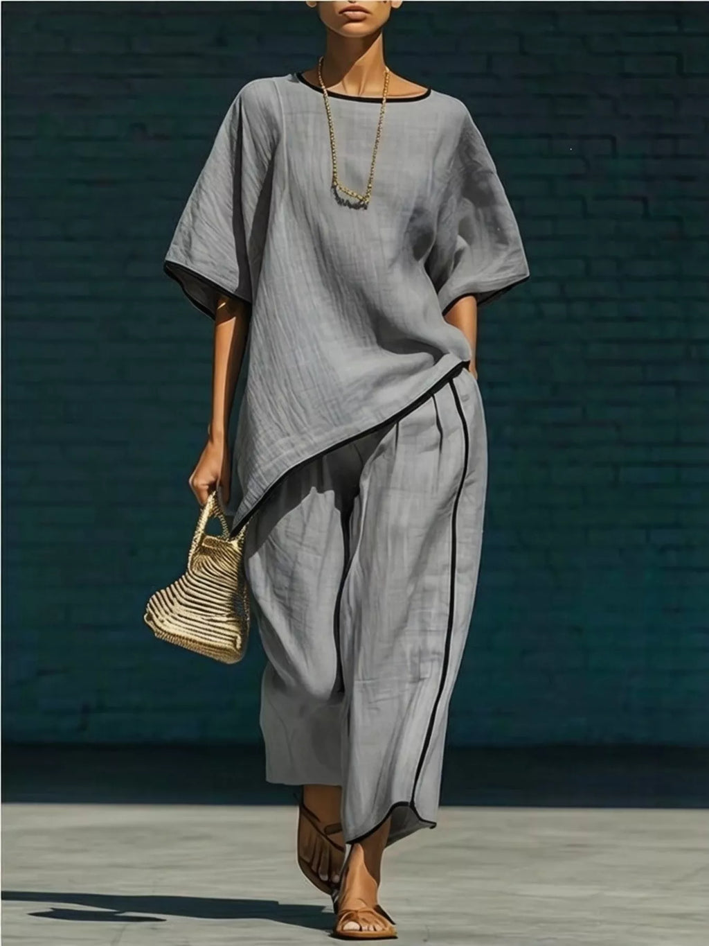 Contrast trim round neck top and pants set by Plush Fashion Hub, featuring a comfortable, stylish matching outfit in natural fabric.