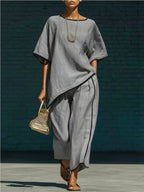 Contrast trim round neck top and pants set by Plush Fashion Hub, featuring a comfortable, stylish matching outfit in natural fabric.