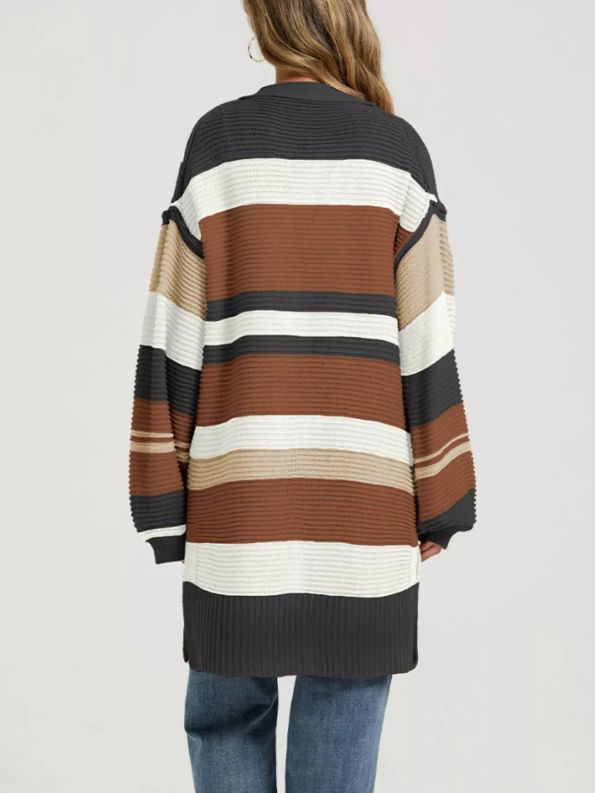 Color block striped open front cardigan from Trendsi, featuring bold multicolor stripes and a relaxed fit.
