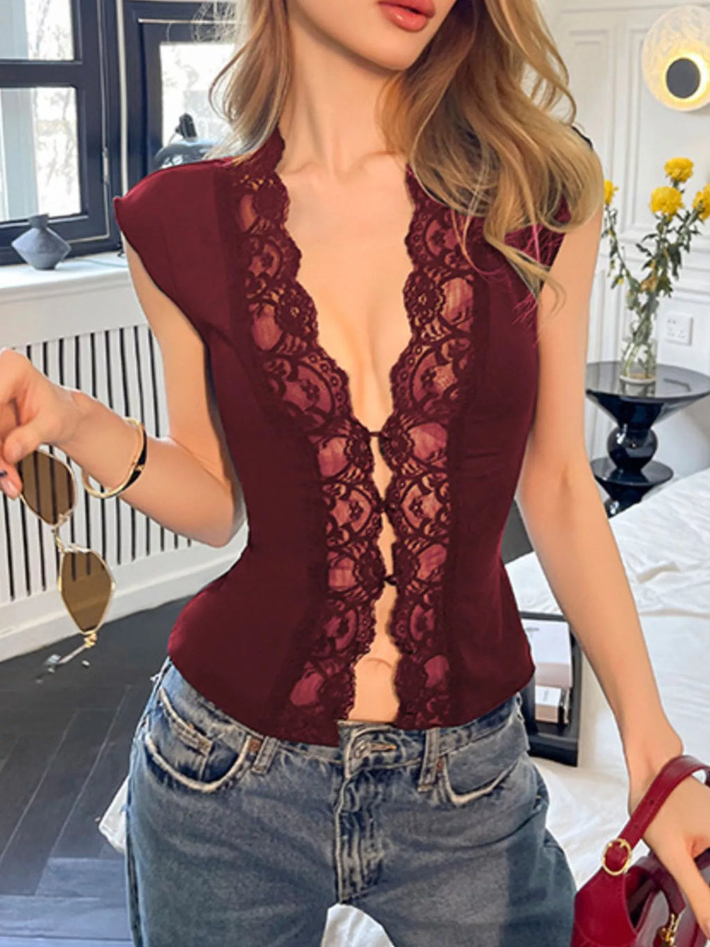 Shopimist lace trim button-front vest with delicate detailing and a stylish fit, perfect for layered fashion looks.
