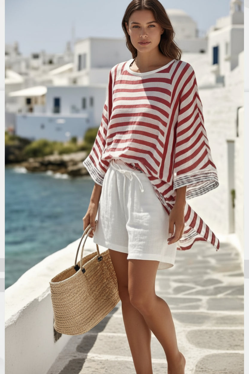 Women’s striped ramie bamboo two-piece casualwear set by FitiqueFit, featuring a relaxed top and matching bottoms in natural fabric.