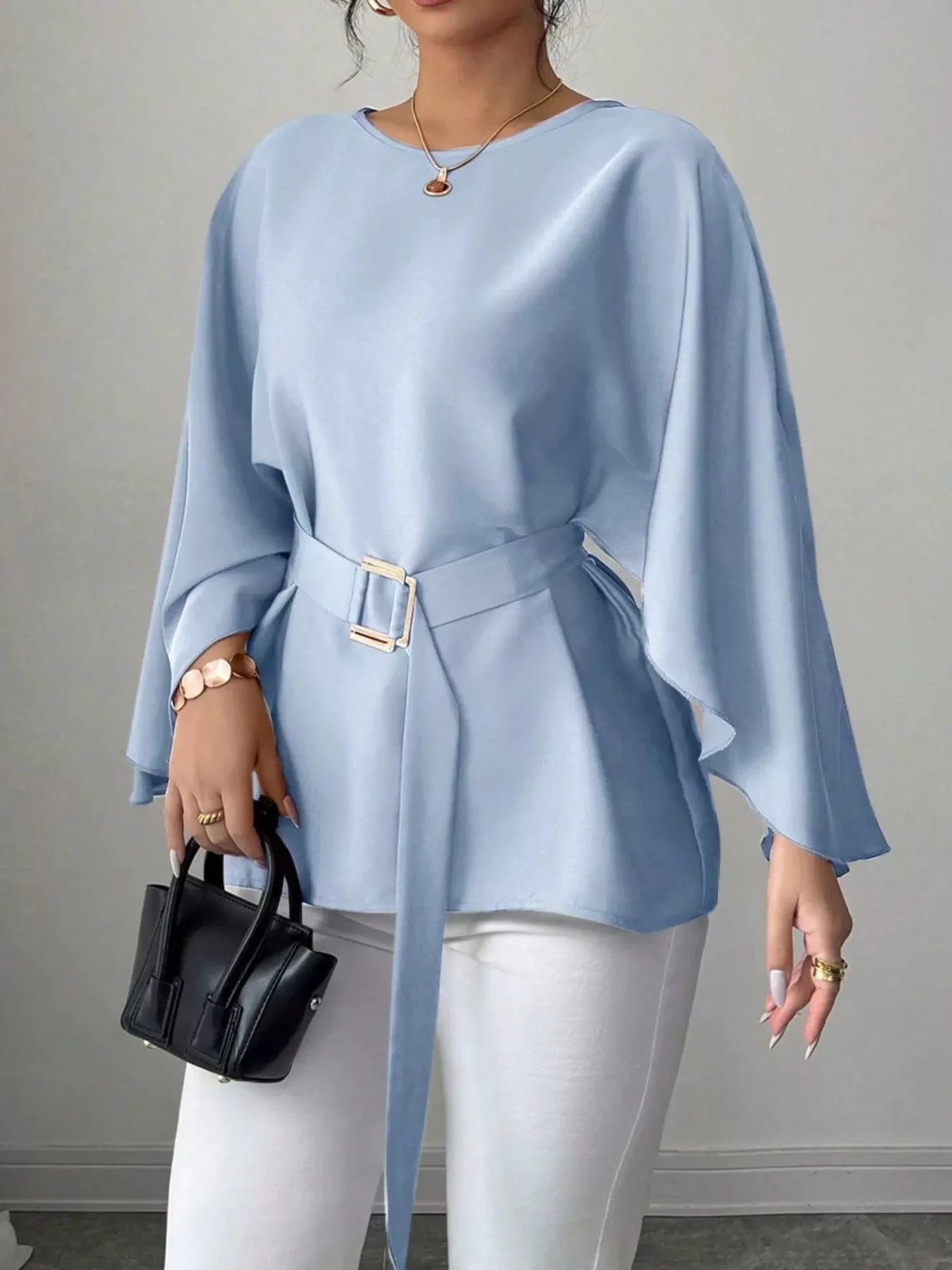 Plush Fashion Hub batwing sleeve belted blouse in soft fabric, featuring a relaxed fit and stylish design.