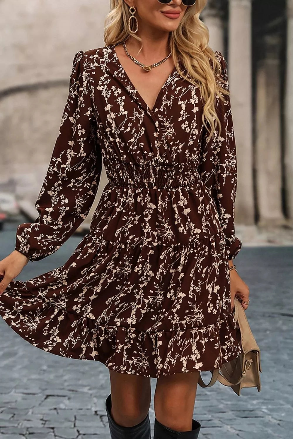 Ditsy floral print long sleeve mini dress with split neckline, shirred waist, and flared skirt by Plush Fashion Hub