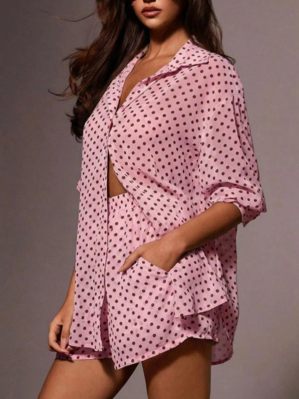 Shopimist polka dot button-up shirt and shorts set, featuring a playful pattern and casual summer style, shown on a mannequin.