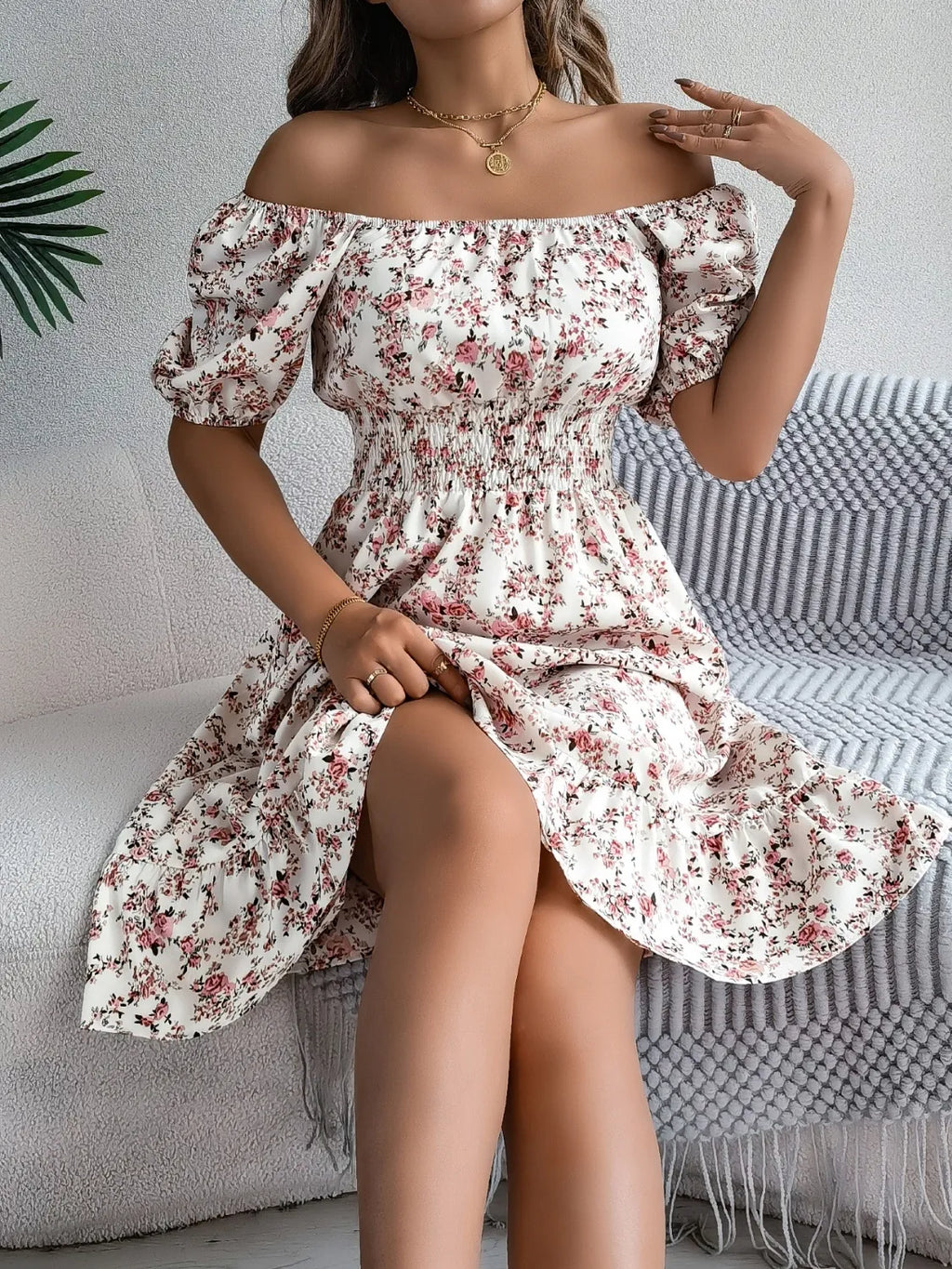 Floral puff sleeve dress with ruffled hem from Shopimist, featuring a feminine silhouette and vibrant flower pattern.