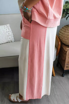 Two-tone color block patchwork tee and drawstring loose pants set in trendy casual style by Trendsi.