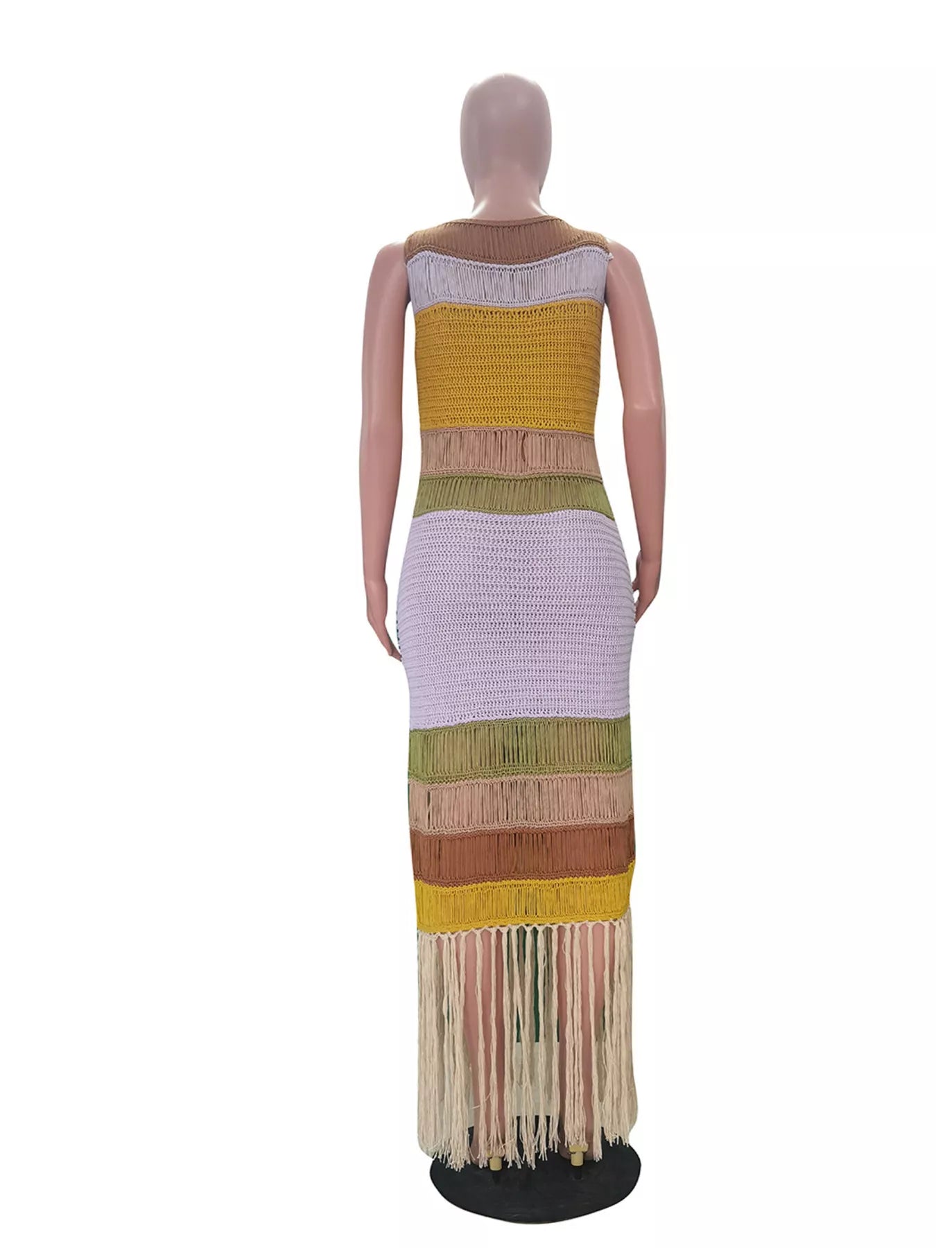 Color block fringe crochet knit maxi dress by Shopimist featuring a vibrant, bohemian style with intricate crochet details.