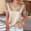 Solid-color LadyShow.Store V-neck mesh T-shirt with rhinestone studs, short sleeves, and stylish design.