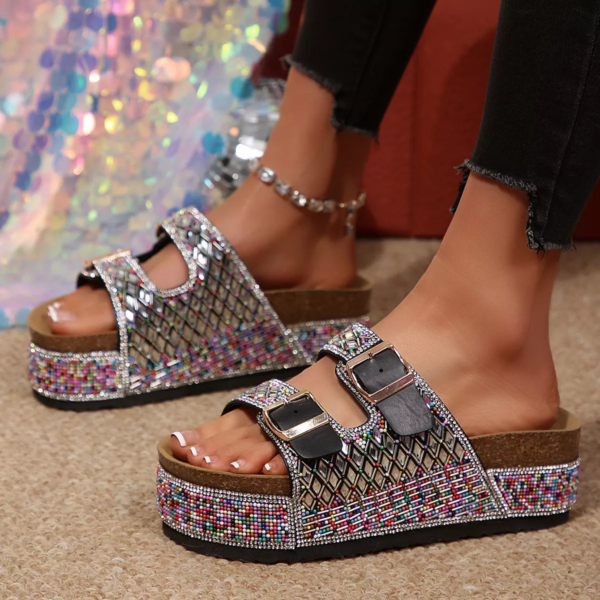 Rhinestone double buckle sandals by Plush Fashion Hub featuring open toe design and sparkling embellishments on a stylish summer footwear.